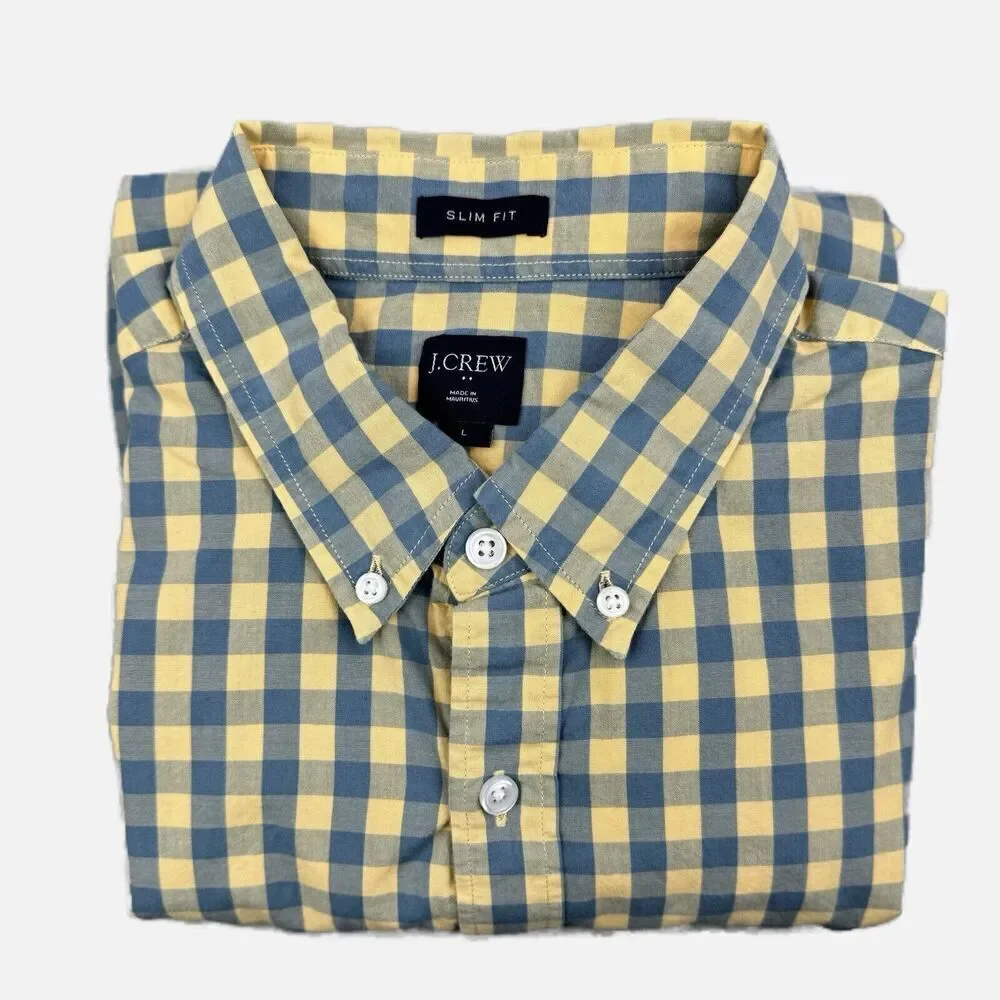 J. Crew Button Down Shirt Mens L Slim Fit Yellow Blue Check Plaid Long Sleeve